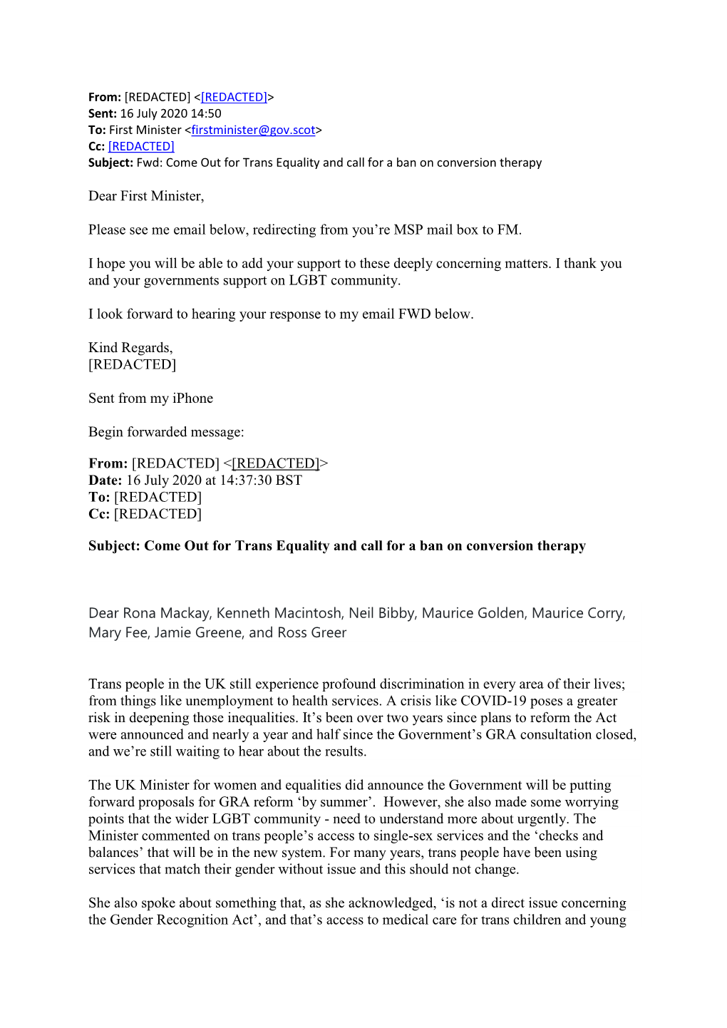 Dear First Minister, Please See Me Email Below, Redirecting from You're MSP Mail Box to FM. I Hope You Will Be Able to Add Y