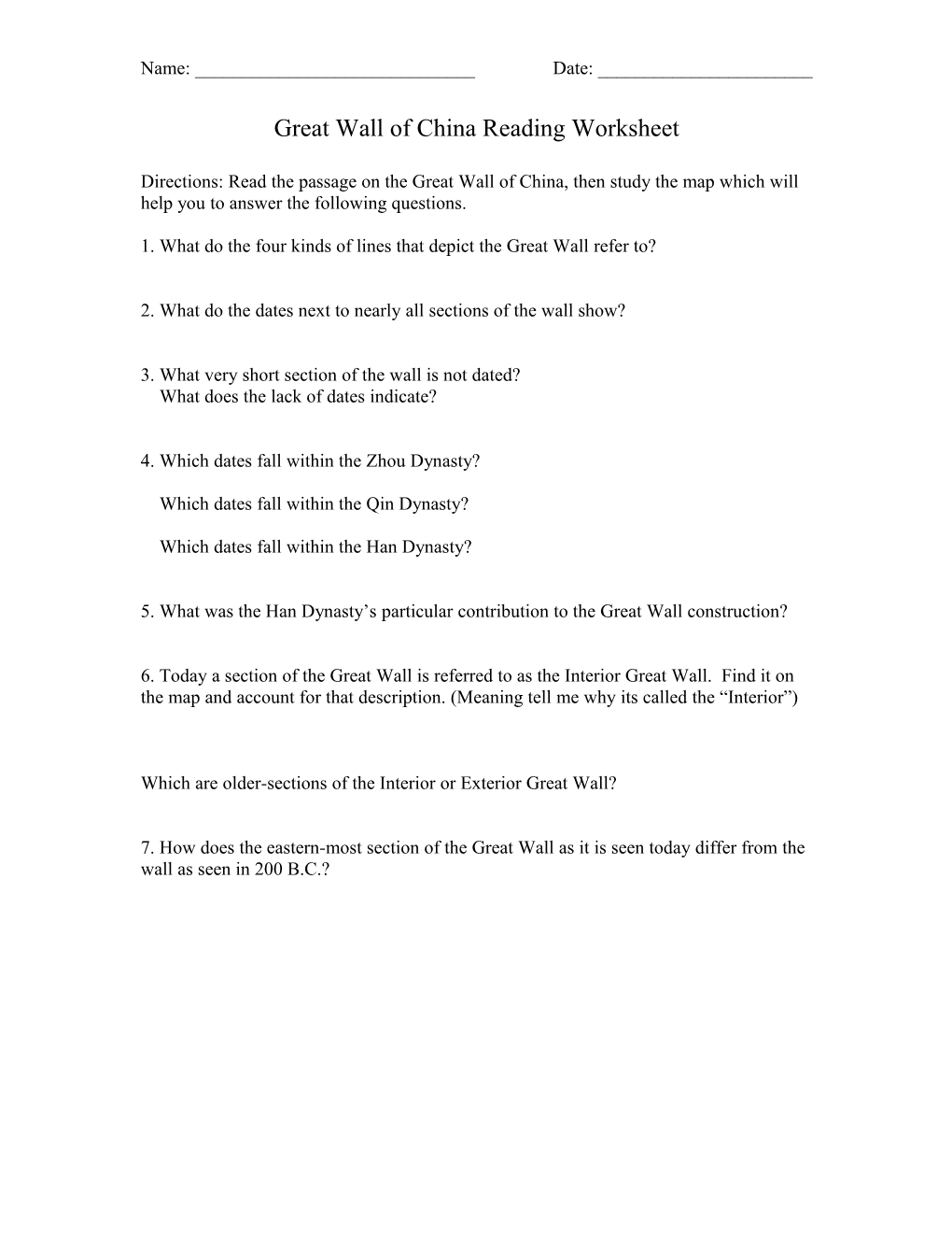 Great Wall of China Reading Worksheet