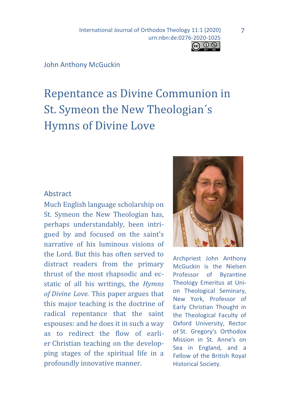 Repentance As Divine Communion in St. Symeon the New Theologian´S Hymns of Divine Love