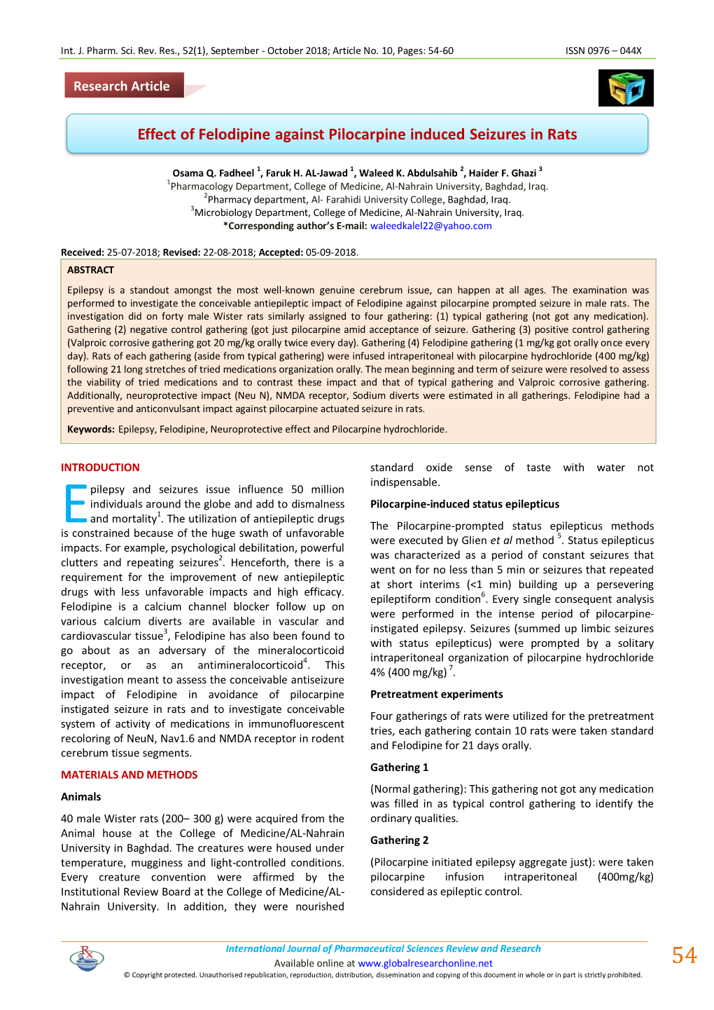 Effect of Felodipine Against Pilocarpine Induced Seizures in Rats