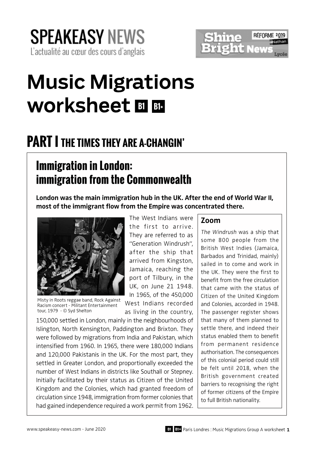 Music Migrations Worksheet B1 B1+