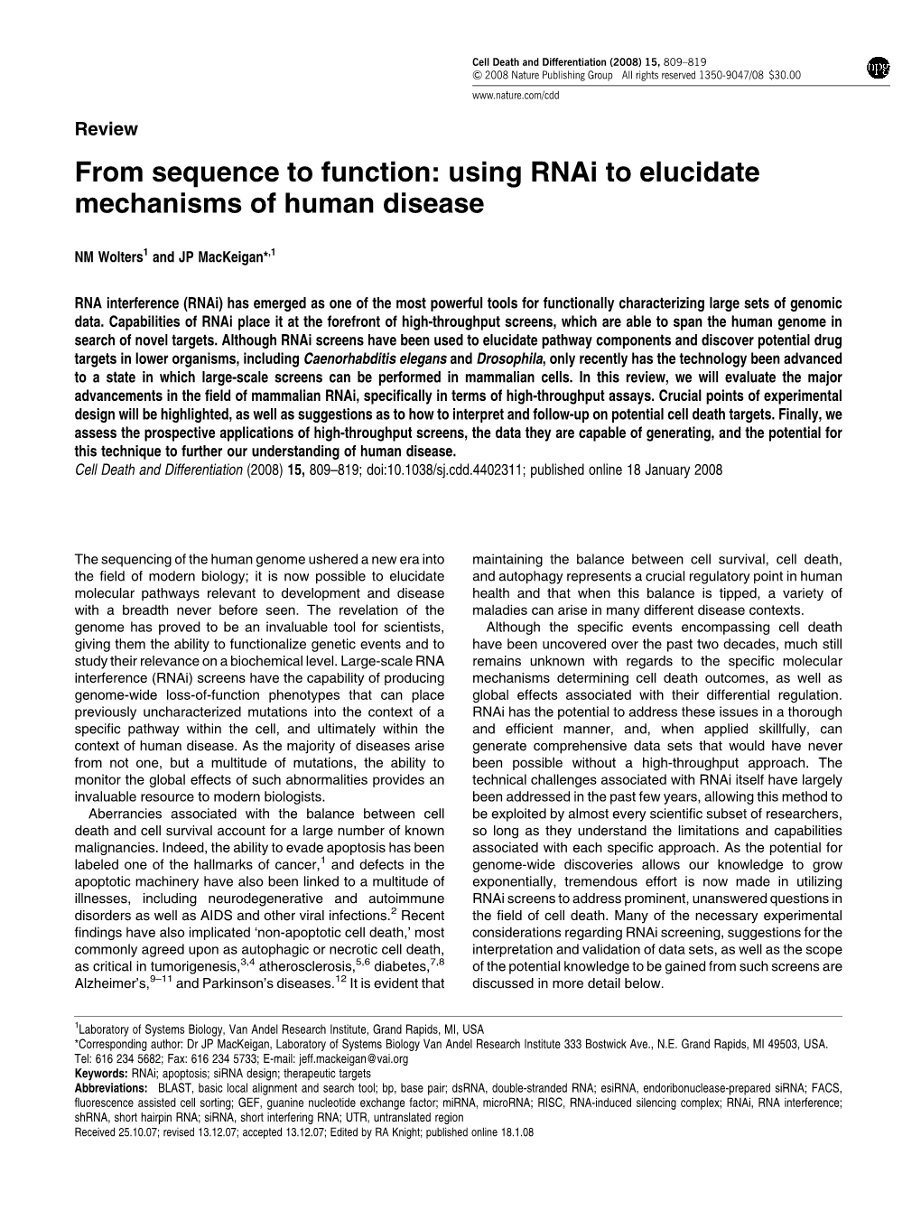 Using Rnai to Elucidate Mechanisms of Human Disease