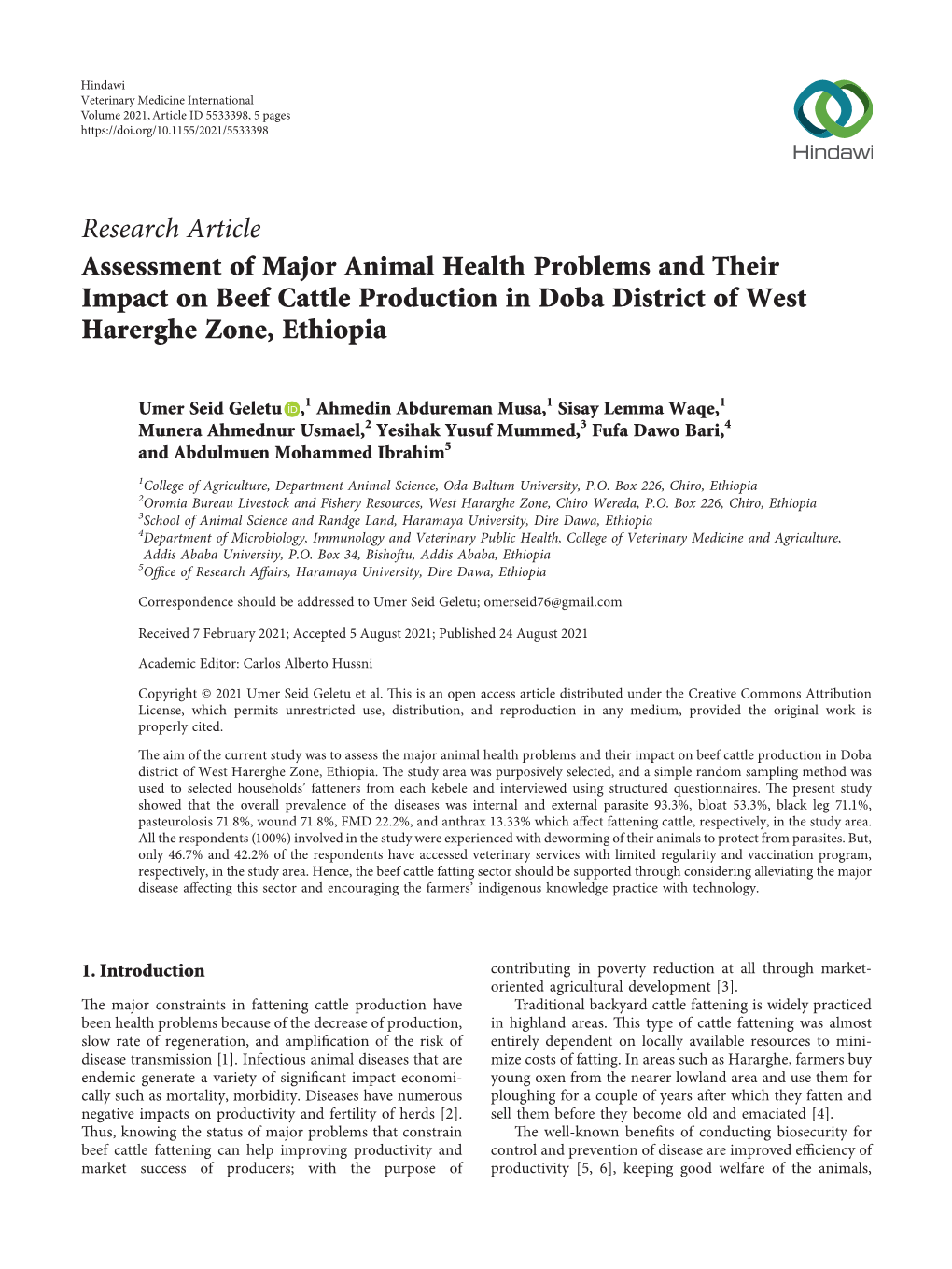 Research Article Assessment of Major Animal Health Problems and Their Impact on Beef Cattle Production in Doba District of West Harerghe Zone, Ethiopia
