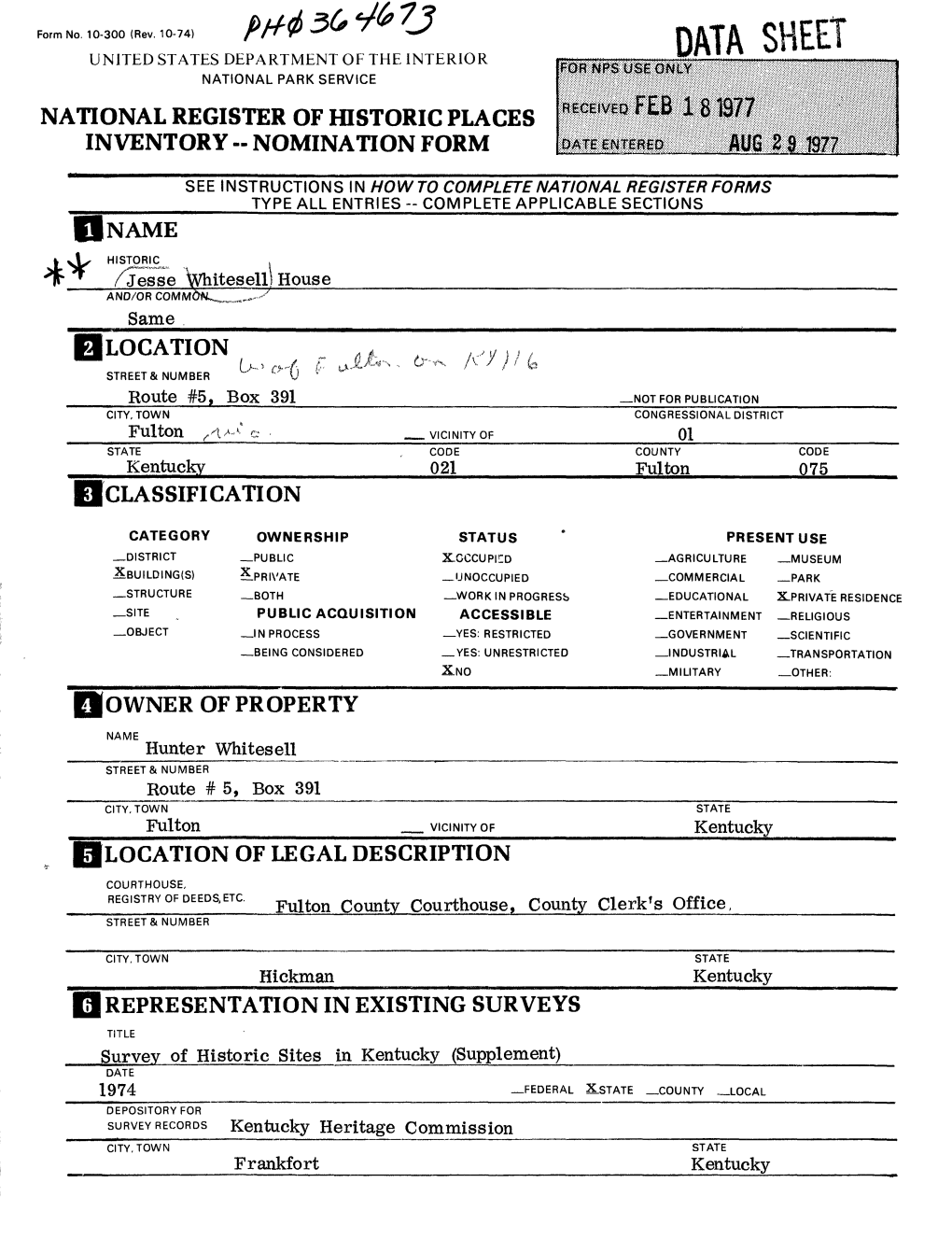 Data Sheet United States Department of the Interior National Park Service National Register of Historic Places Inventory - Nomination Form