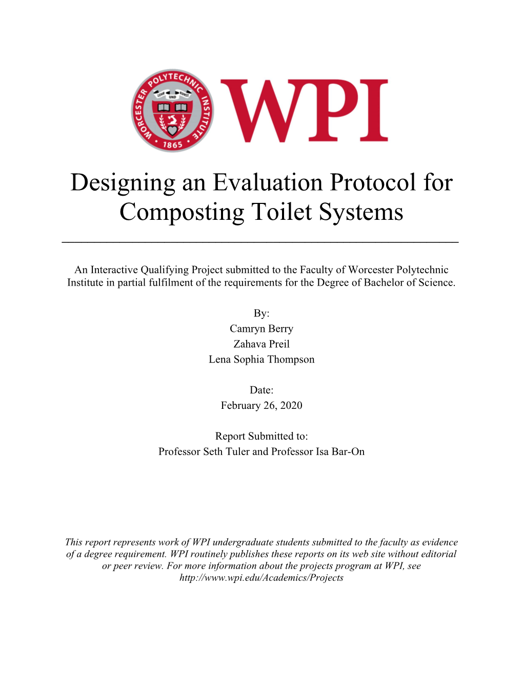 Designing an Evaluation Protocol for Composting Toilet Systems ______