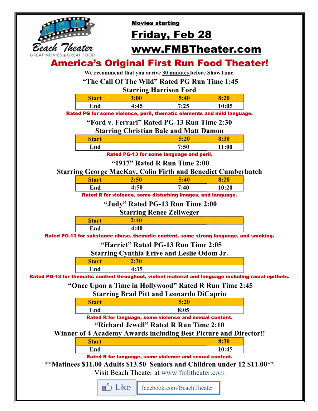 Friday, Feb 28 America’S Original First Run Food Theater! We Recommend That You Arrive 30 Minutes Before Showtime