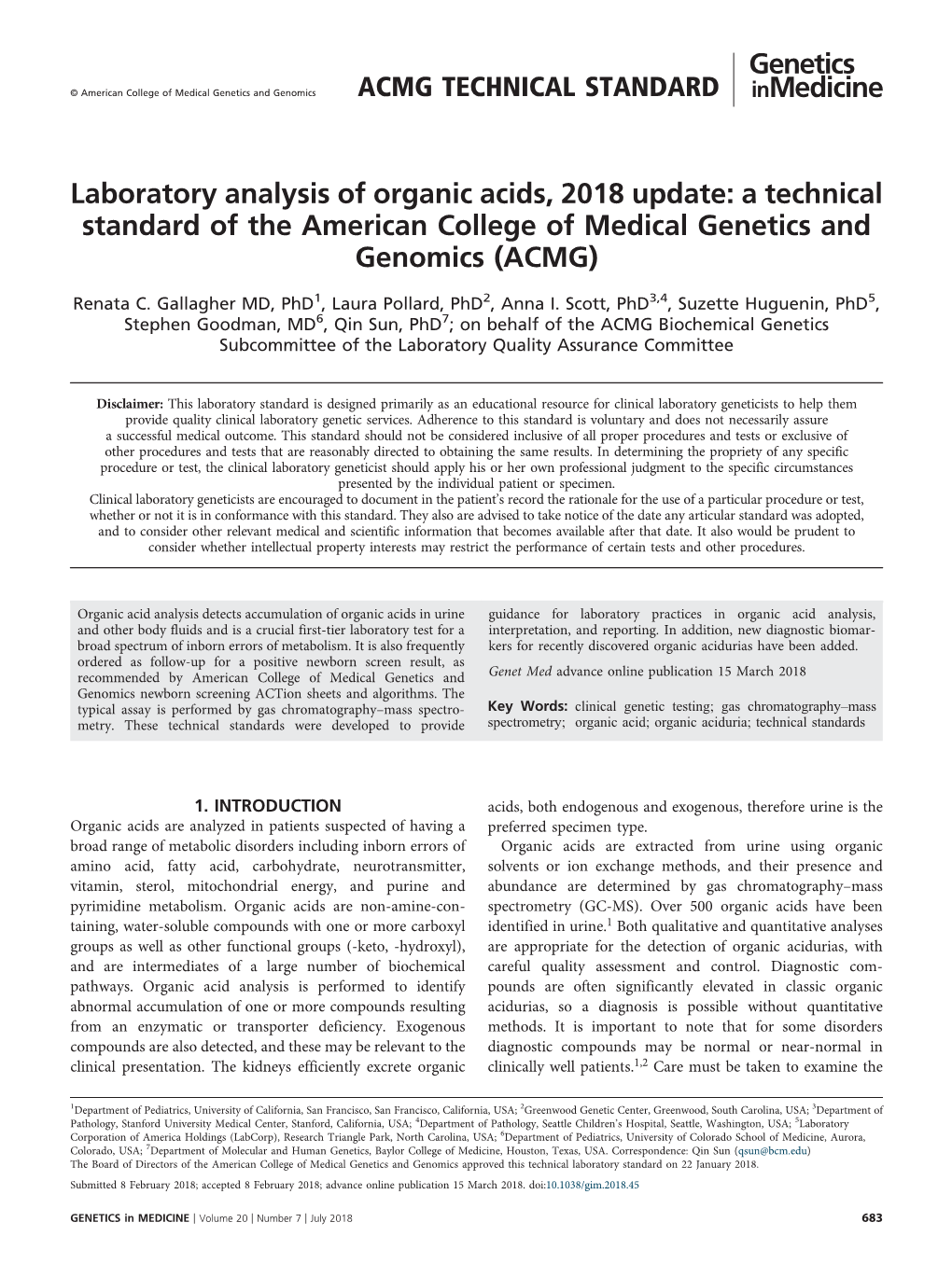 Laboratory Analysis of Organic Acids, 2018 Update: a Technical Standard of the American College of Medical Genetics and Genomics (ACMG)