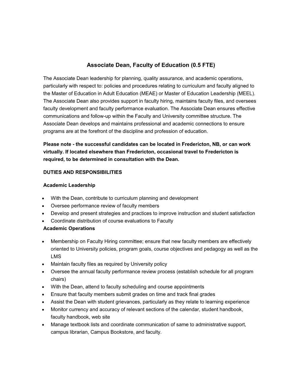 Associate Dean, Faculty of Education (0.5 FTE)