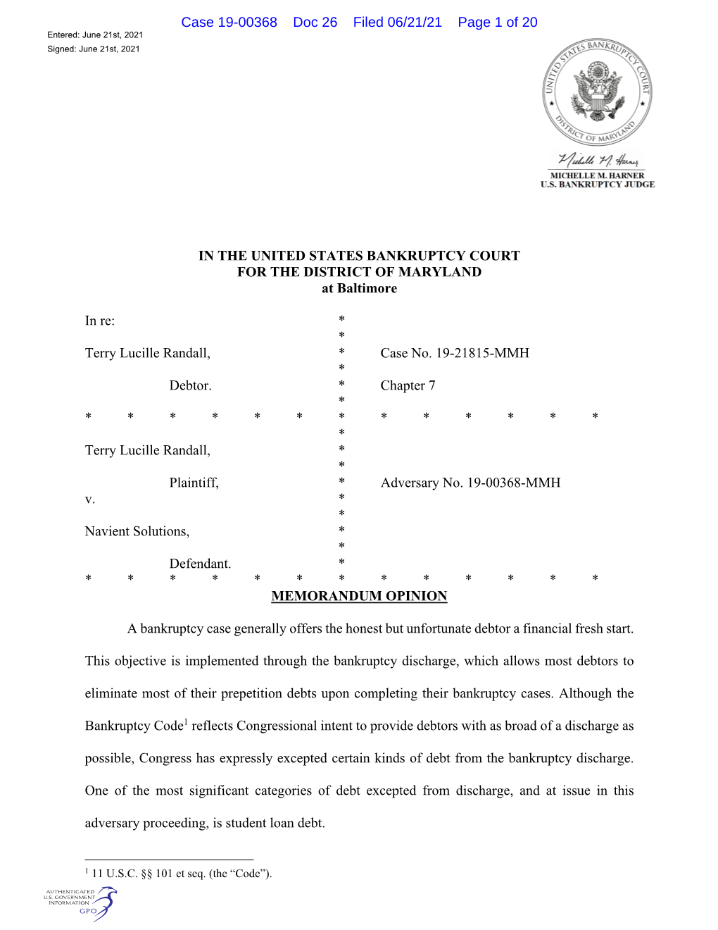 Case 19-00368 Doc 26 Filed 06/21/21 Page 1 of 20 Entered: June 21St, 2021 Signed: June 21St, 2021