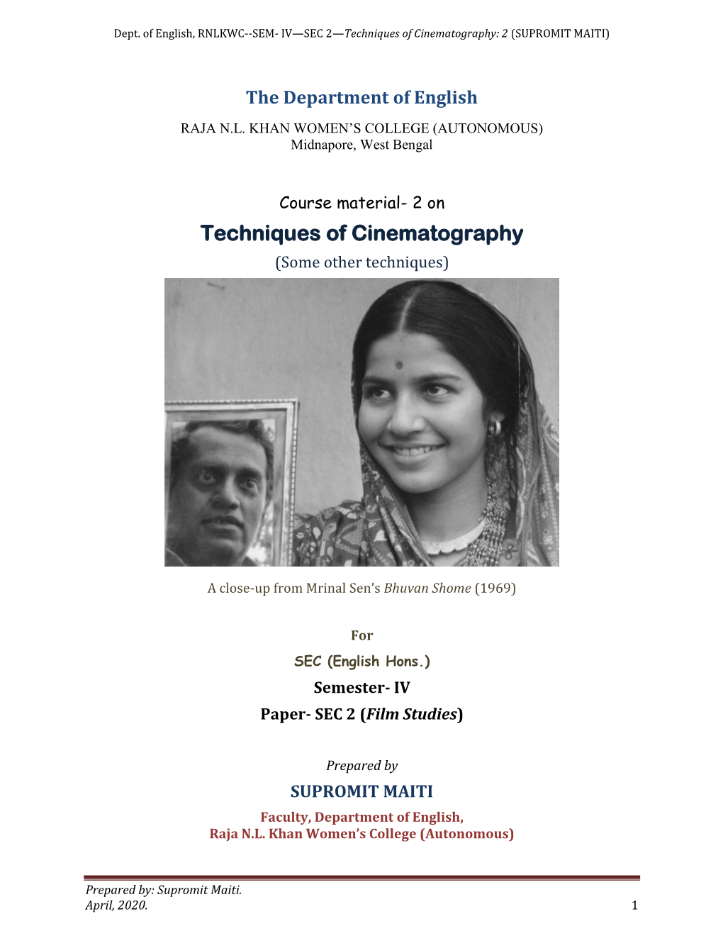 Techniques of Cinematography: 2 (SUPROMIT MAITI)