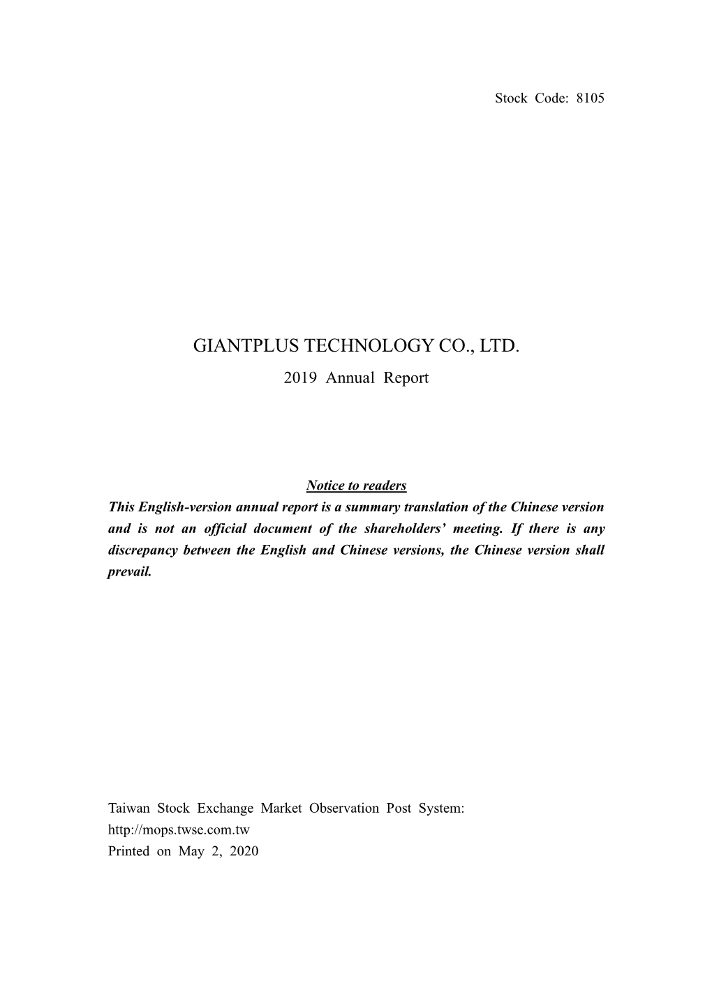 GIANTPLUS TECHNOLOGY CO., LTD. 2019 Annual Report