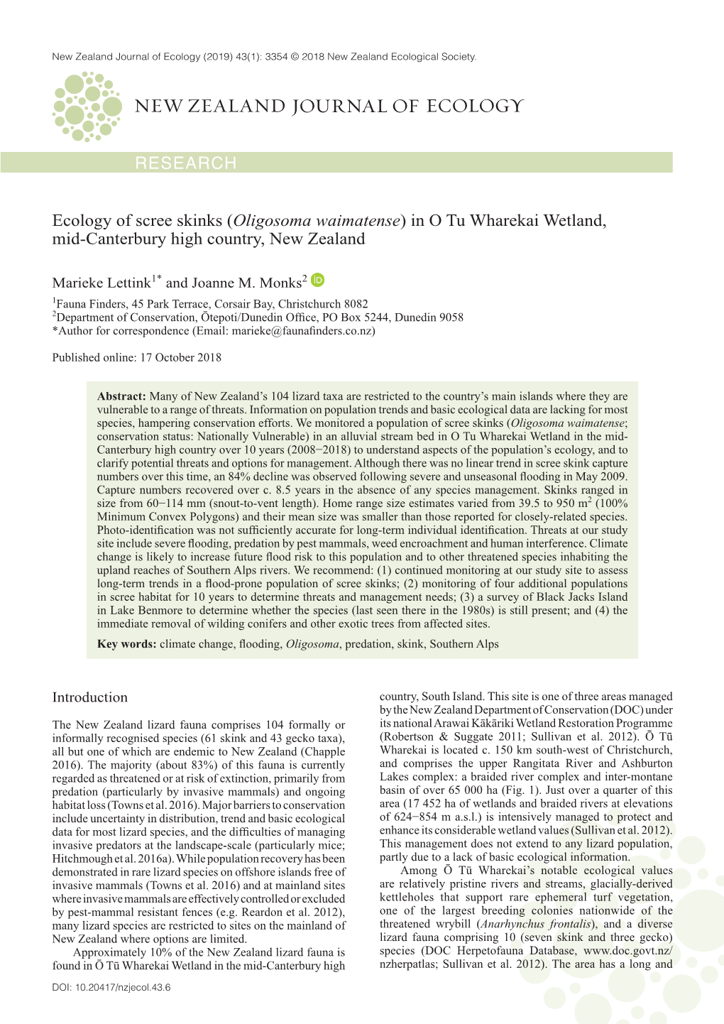 Ecology of Scree Skinks (Oligosoma Waimatense) in O Tu Wharekai Wetland, Mid-Canterbury High Country, New Zealand