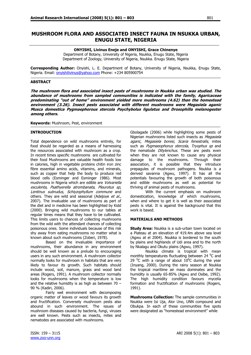 Mushroom Flora and Associated Insect Fauna in Nsukka Urban, Enugu State, Nigeria