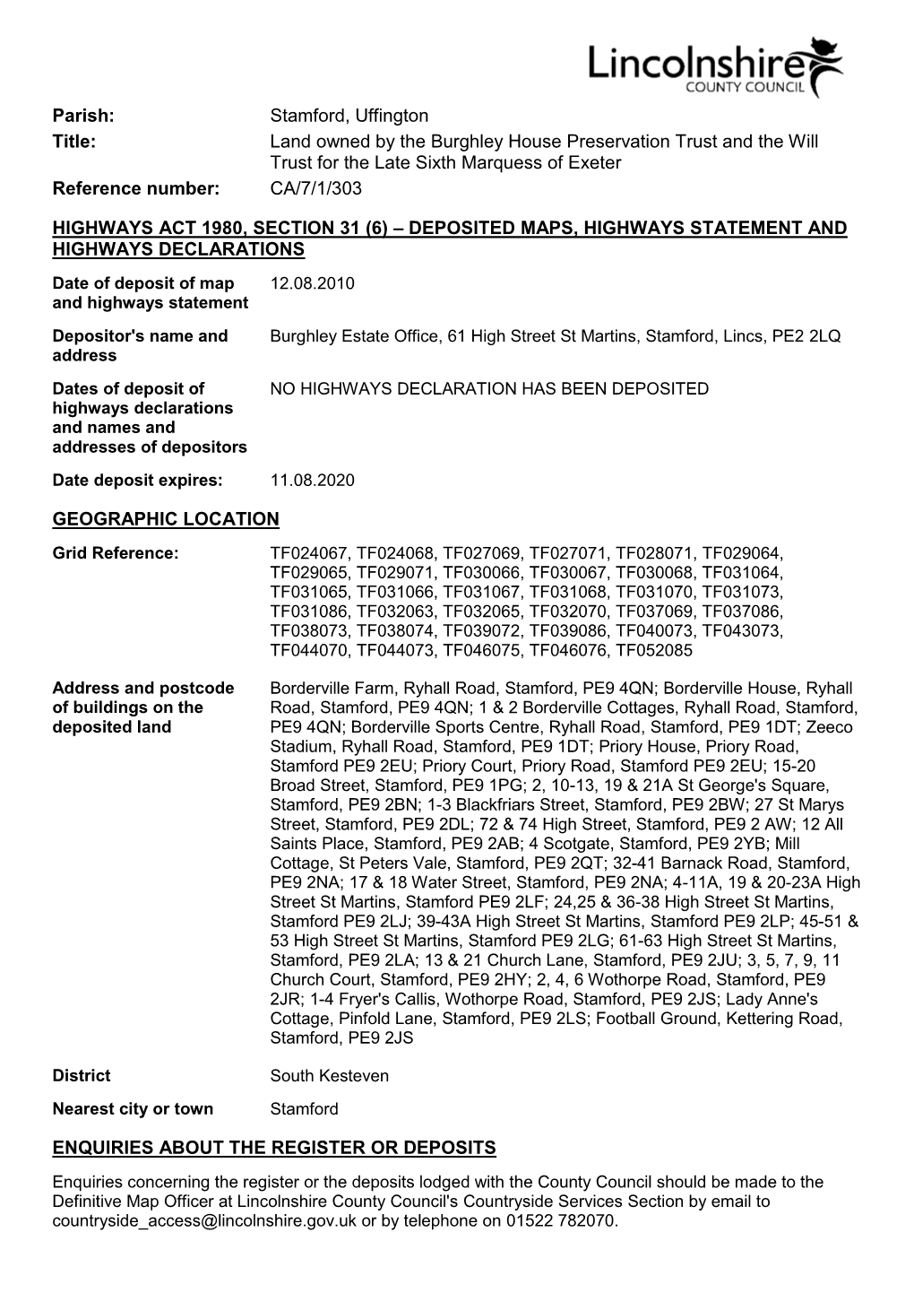 Land Owned by the Burghley House Preservation Trust and the Will Trust for the Late Sixth Marquess of Exeter Reference Number: CA/7/1/303