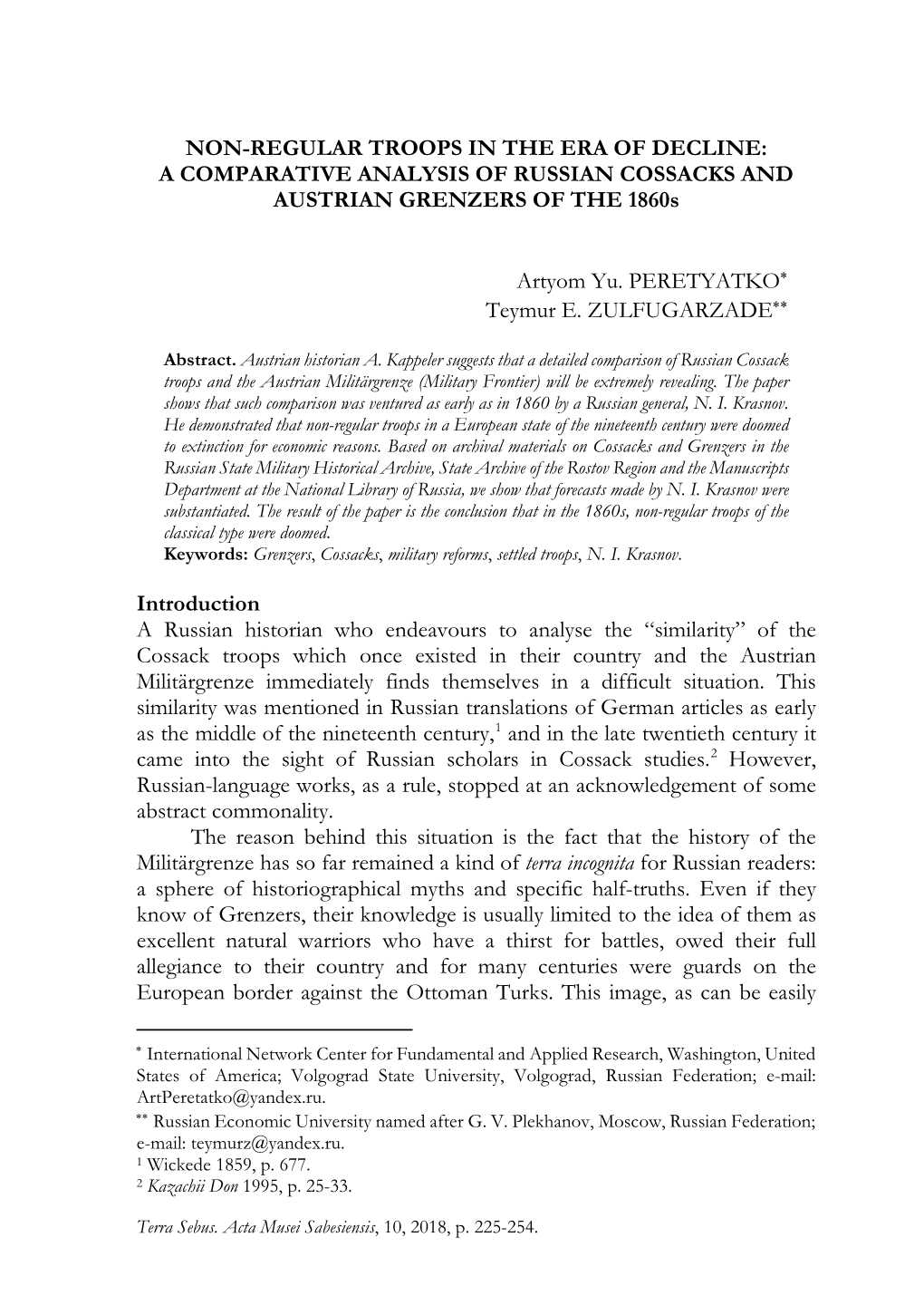 NON-REGULAR TROOPS in the ERA of DECLINE: a COMPARATIVE ANALYSIS of RUSSIAN COSSACKS and AUSTRIAN GRENZERS of the 1860S