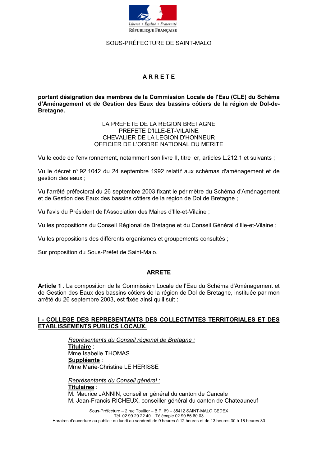 Arrêté Portant Désignation Des Membres De La CLE 27 Oct 2004