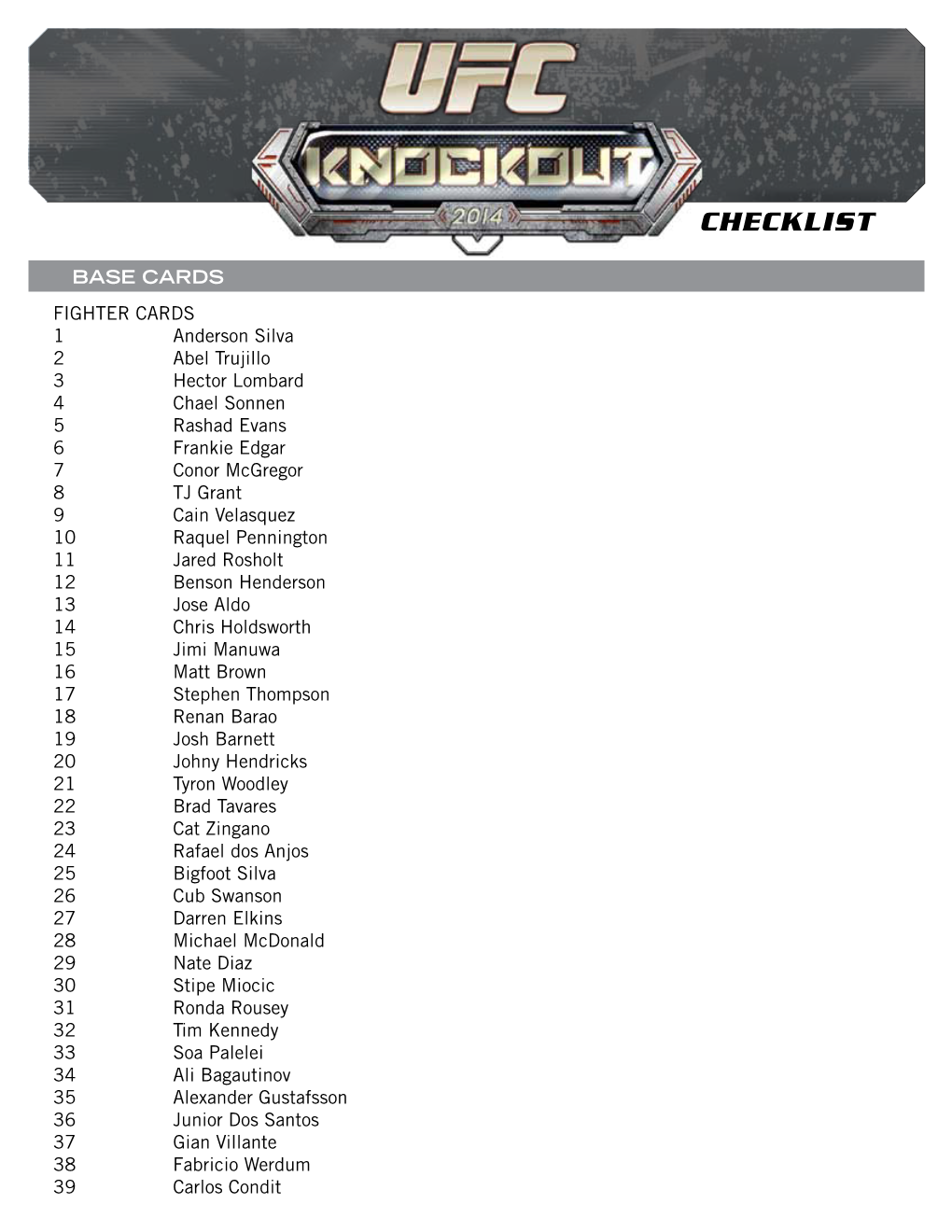 2014 Topps UFC Knockout Checklist