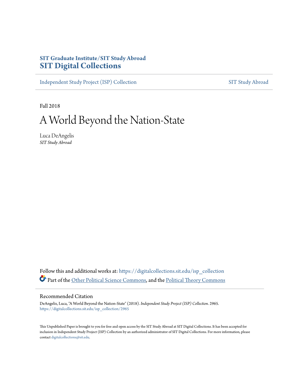 A World Beyond the Nation-State Luca Deangelis SIT Study Abroad