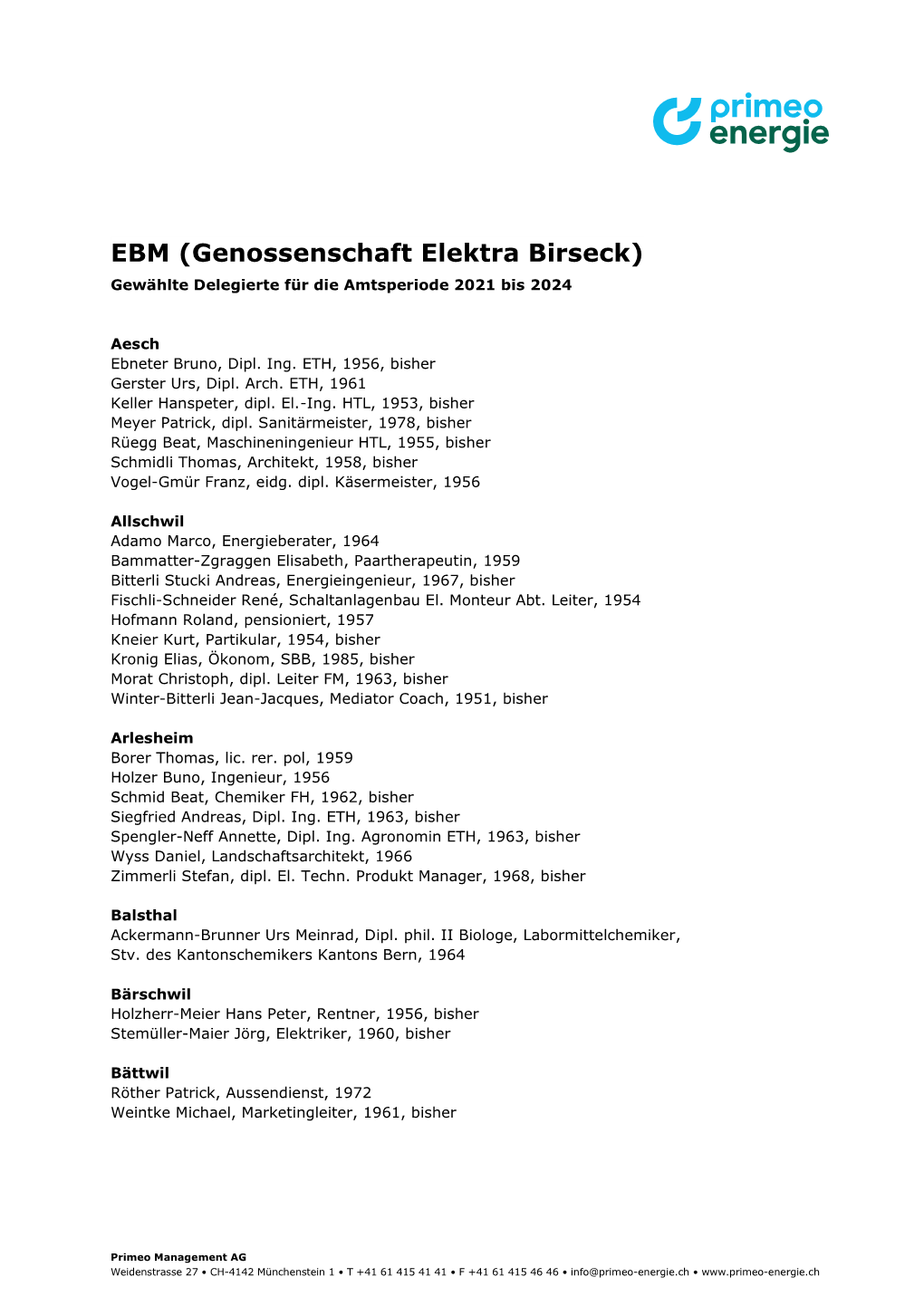 EBM (Genossenschaft Elektra Birseck) Gewählte Delegierte Für Die Amtsperiode 2021 Bis 2024