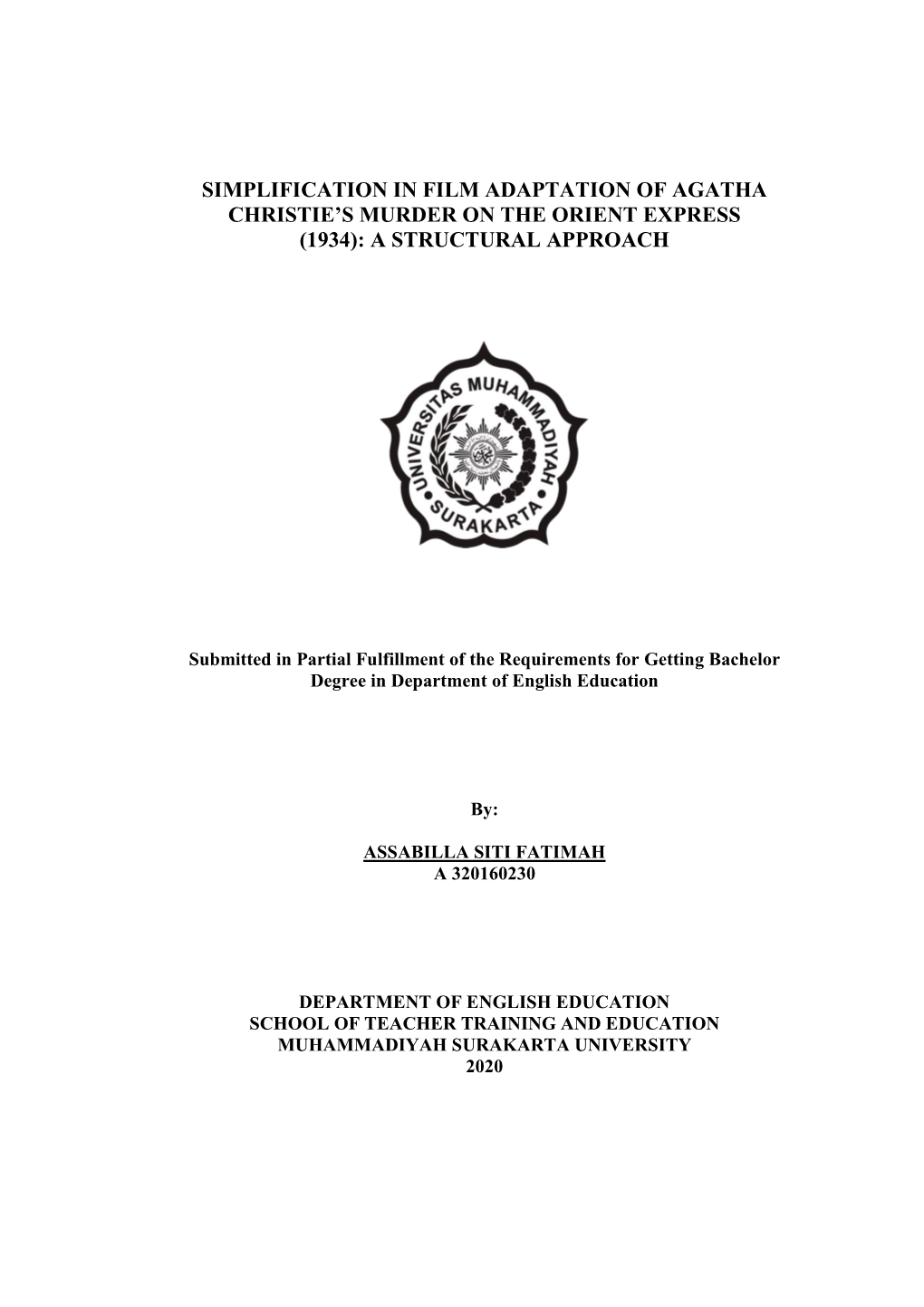 Simplification in Film Adaptation of Agatha Christie’S Murder on the Orient Express (1934): a Structural Approach