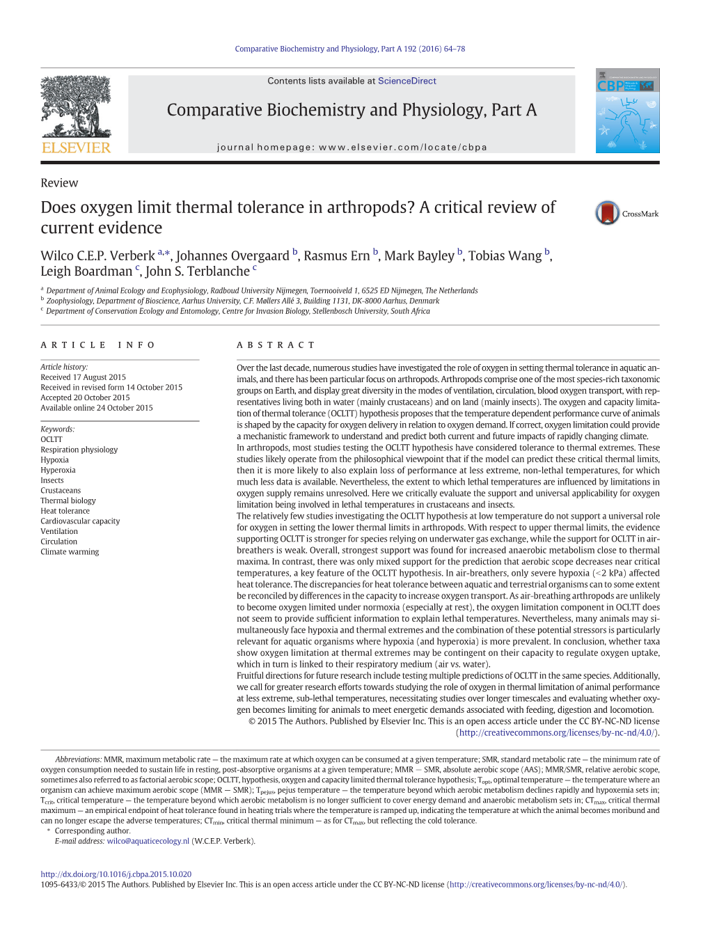 Does Oxygen Limit Thermal Tolerance in Arthropods? a Critical Review of Current Evidence