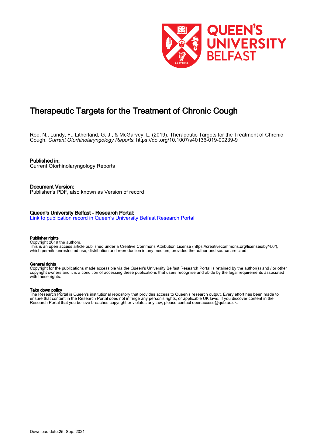 Therapeutic Targets for the Treatment of Chronic Cough