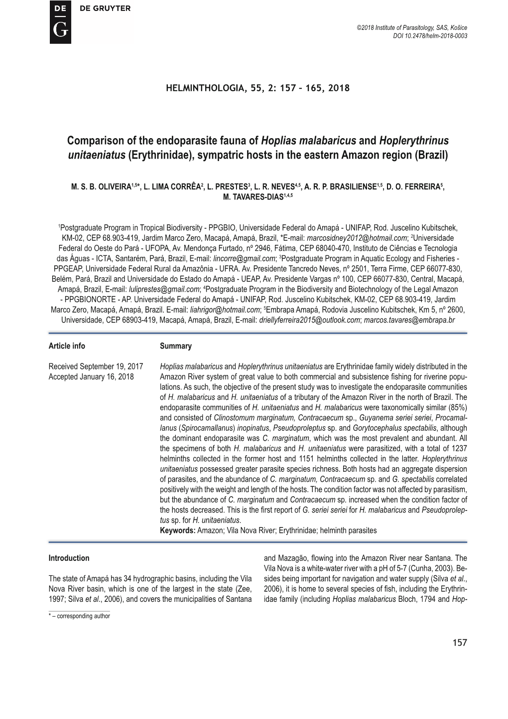 Comparison of the Endoparasite Fauna of Hoplias Malabaricus and Hoplerythrinus Unitaeniatus (Erythrinidae), Sympatric Hosts in the Eastern Amazon Region (Brazil)