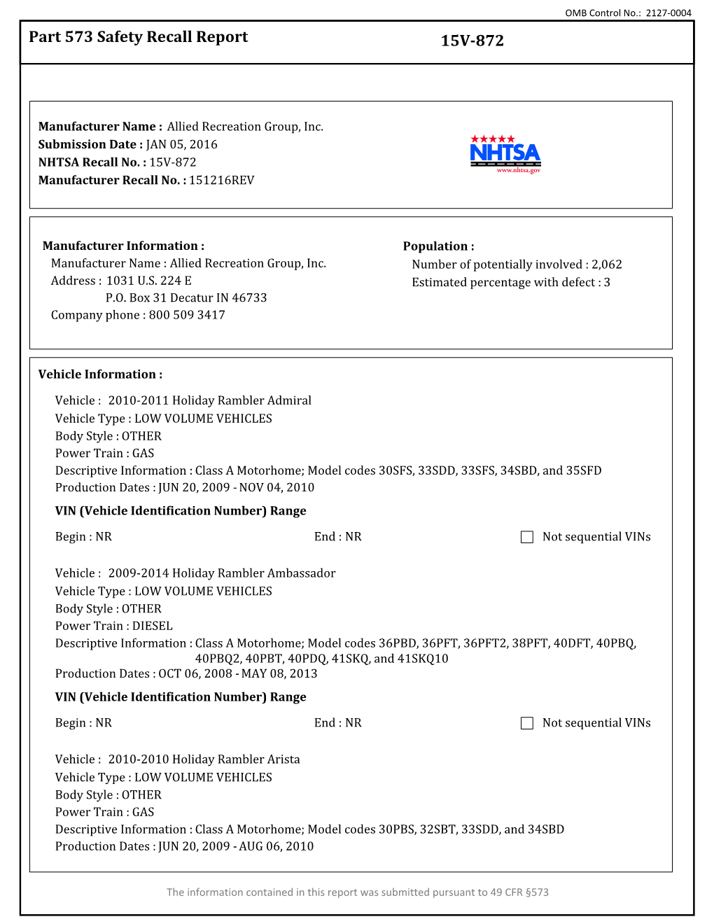 Part 573 Safety Recall Report 15V-872