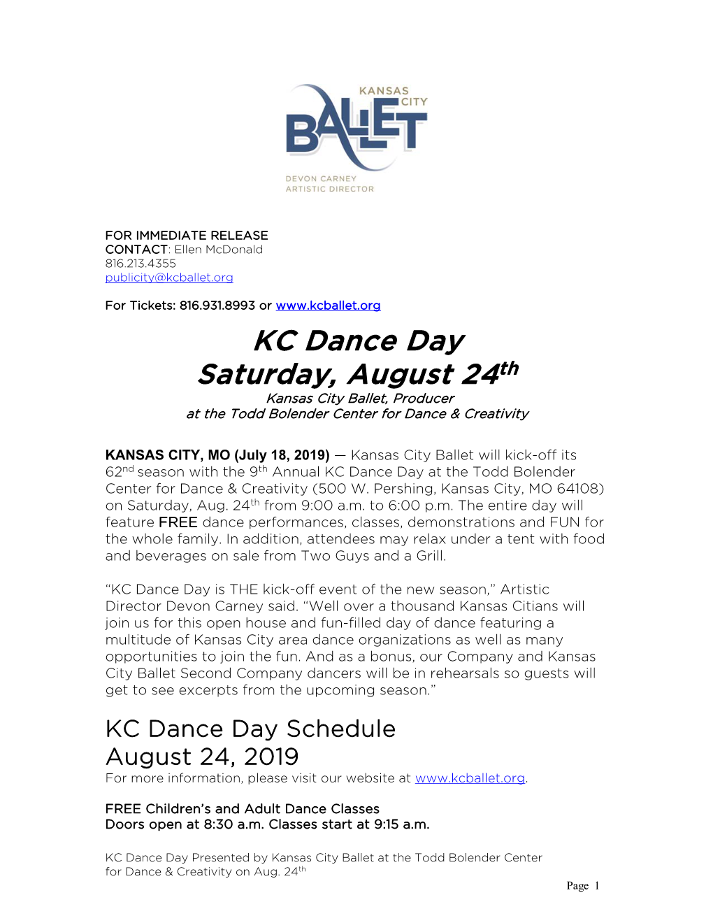 KC Dance Day Saturday, August 24Th Kansas City Ballet, Producer at the Todd Bolender Center for Dance & Creativity