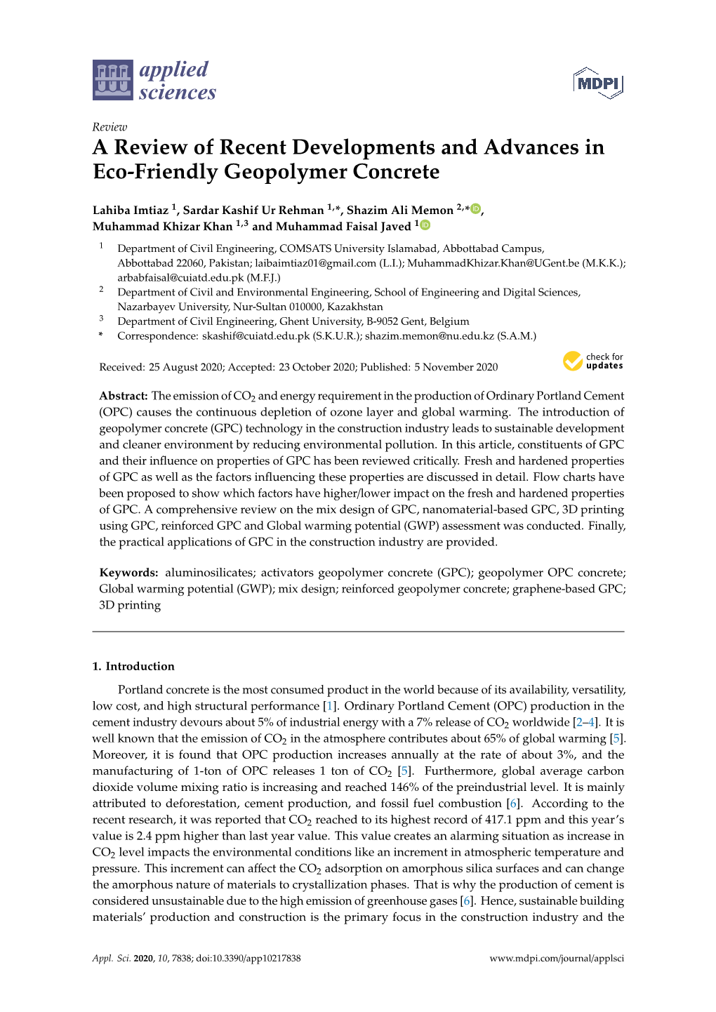 A Review of Recent Developments and Advances in Eco-Friendly Geopolymer Concrete