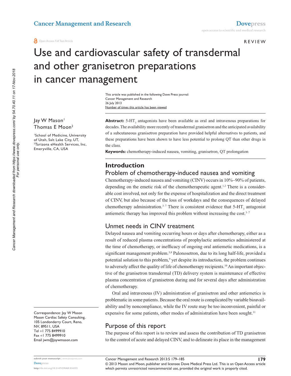 Use and Cardiovascular Safety of Transdermal and Other Granisetron Preparations in Cancer Management