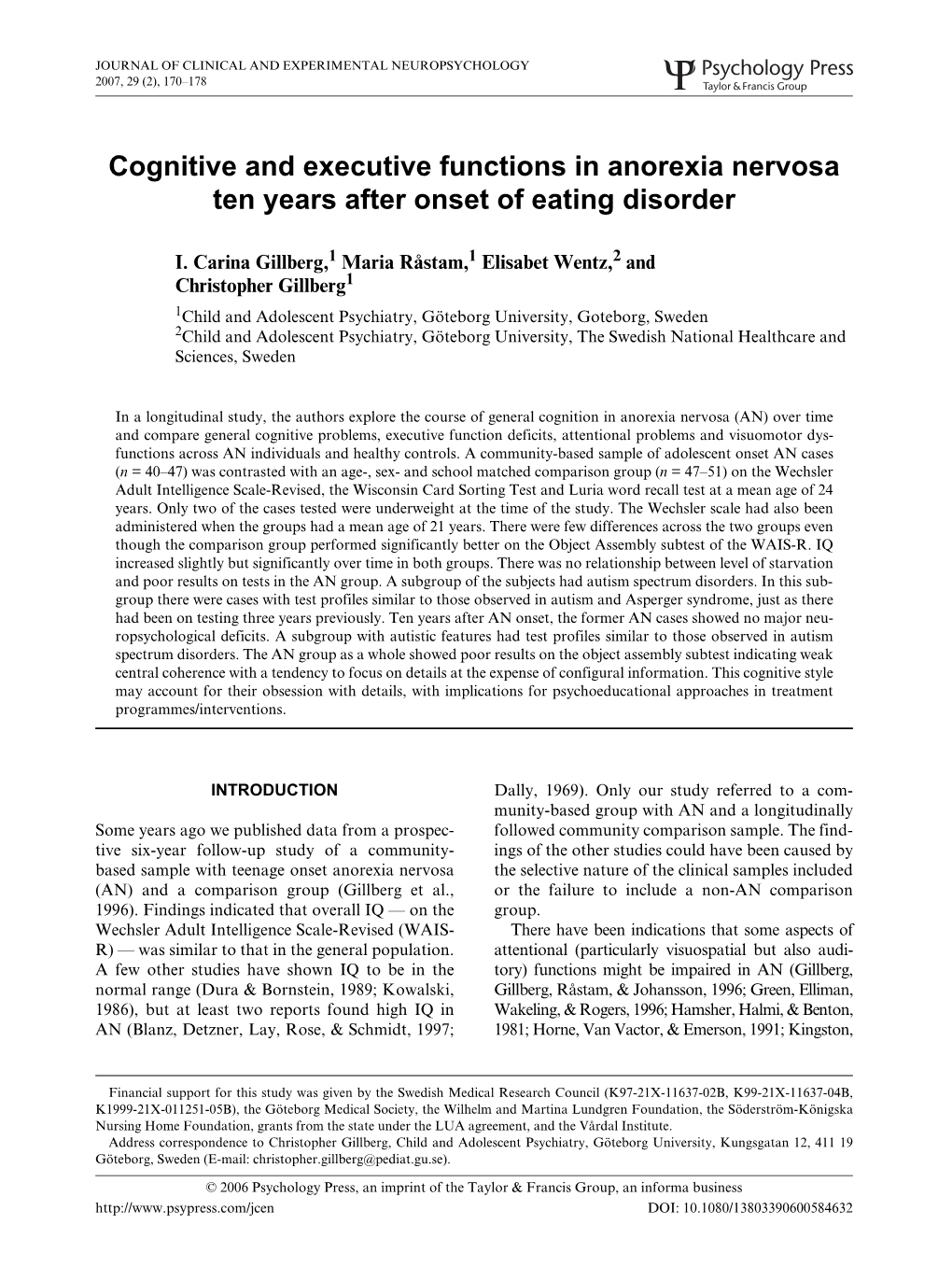 NCEN Cognitive and Executive Functions in Anorexia Nervosa Ten Years After Onset of Eating Disorder