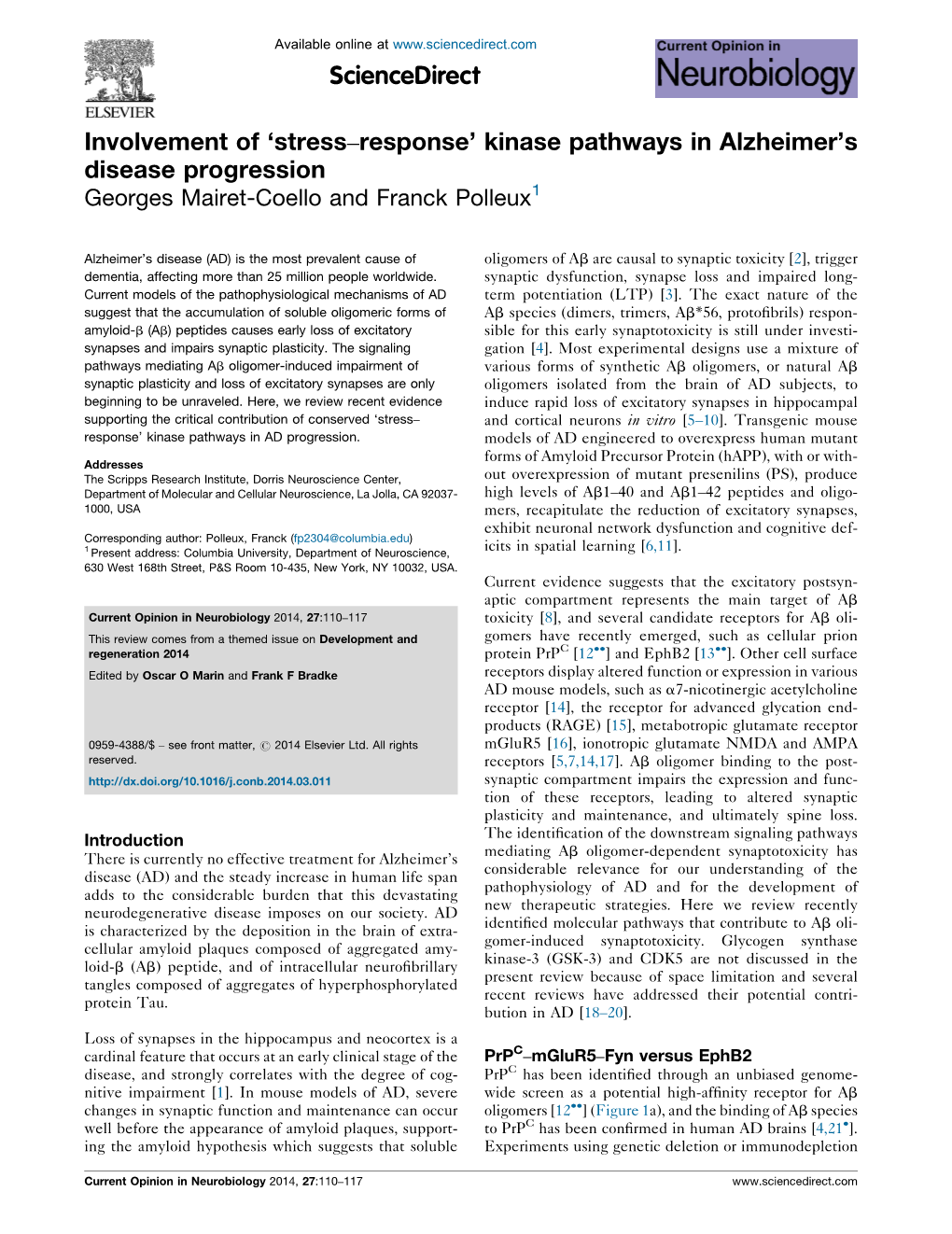 'Stress–Response' Kinase Pathways in Alzheimer's Disease Progression