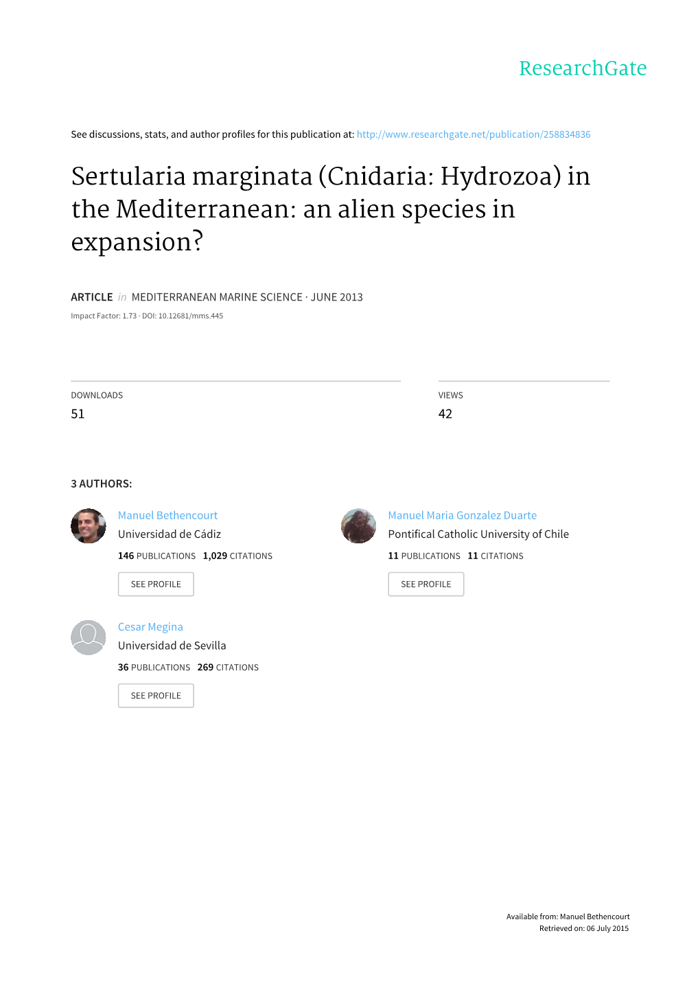 Sertularia Marginata (Cnidaria: Hydrozoa) in the Mediterranean: an Alien Species in Expansion?