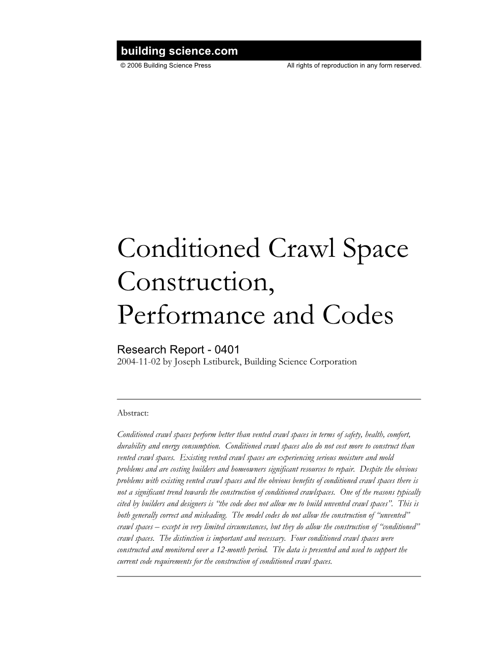 Conditioned Crawl Space Construction, Performance and Codes