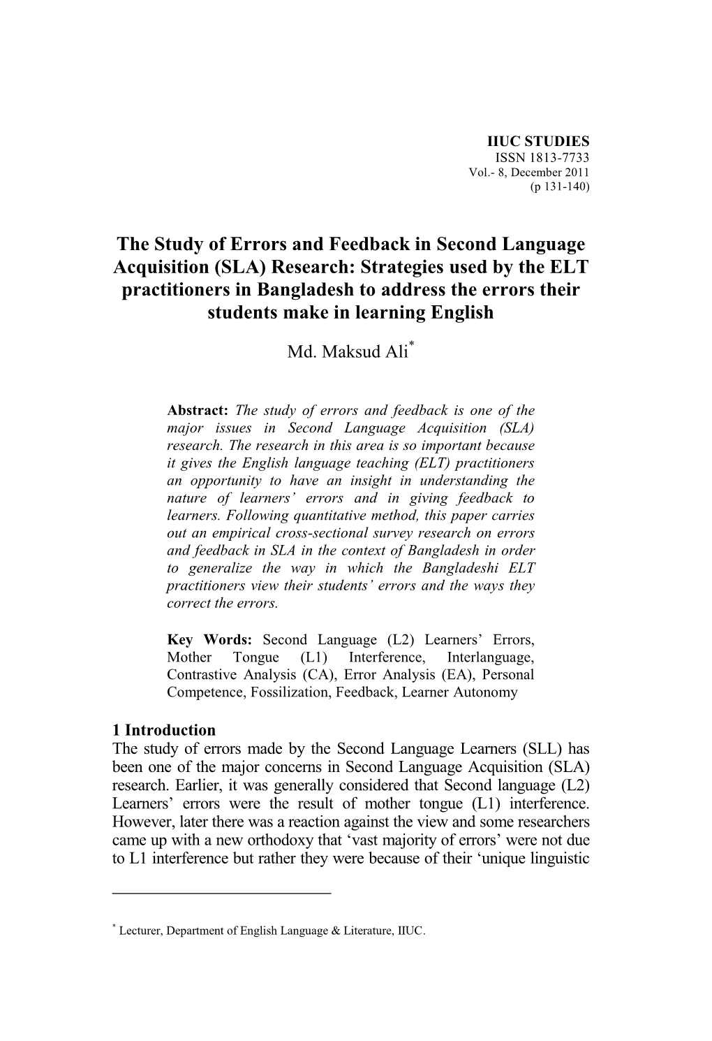 The Study of Errors and Feedback in Second Language Acquisition