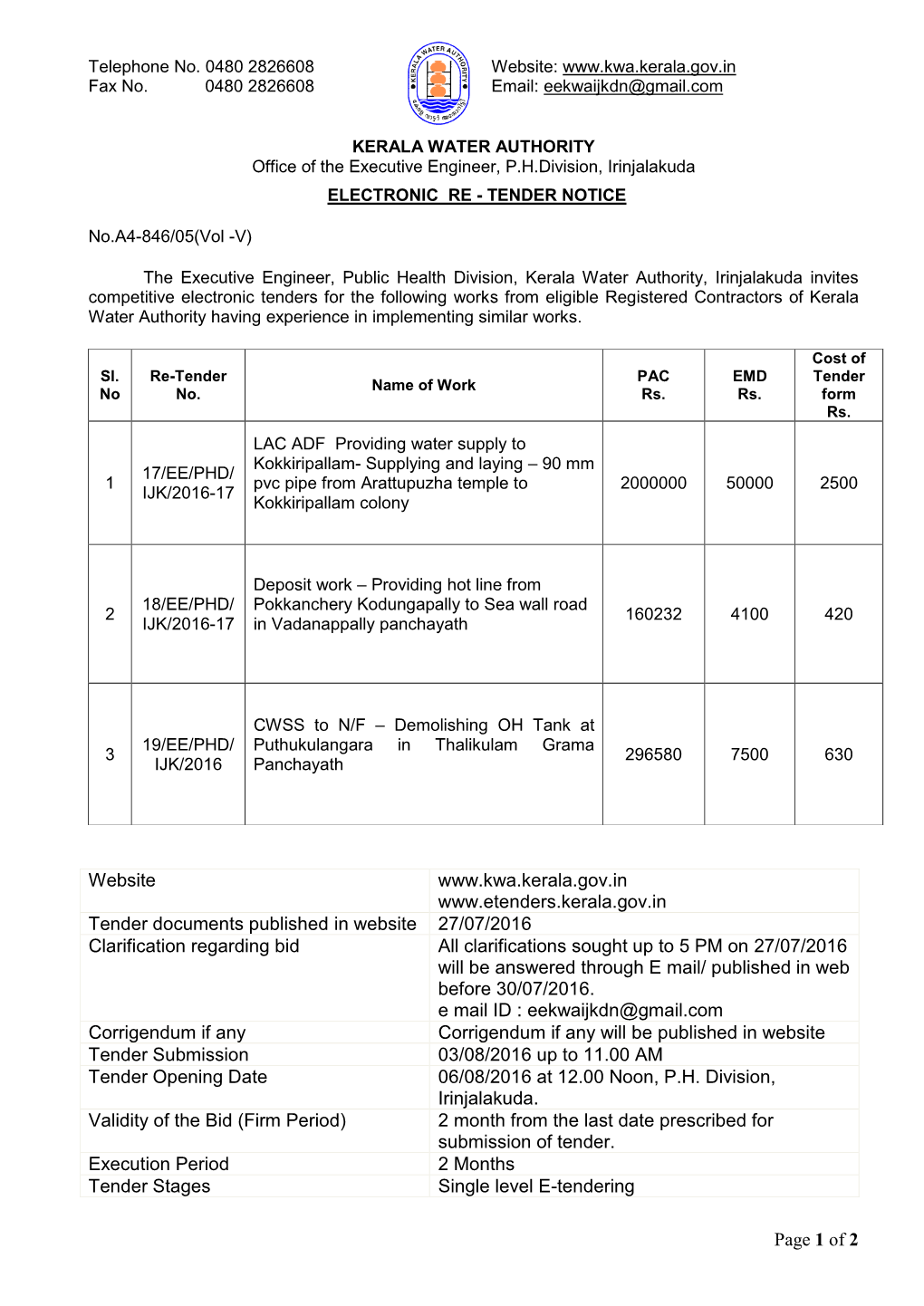 KERALA WATER AUTHORITY Office of the Executive Engineer, P.H.Division, Irinjalakuda ELECTRONIC RE - TENDER NOTICE