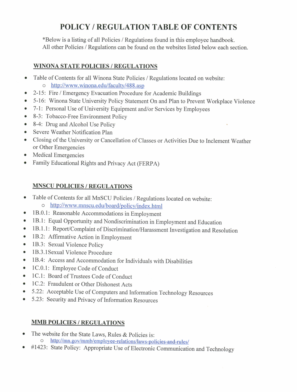 Policy Iregulation Table of Contents