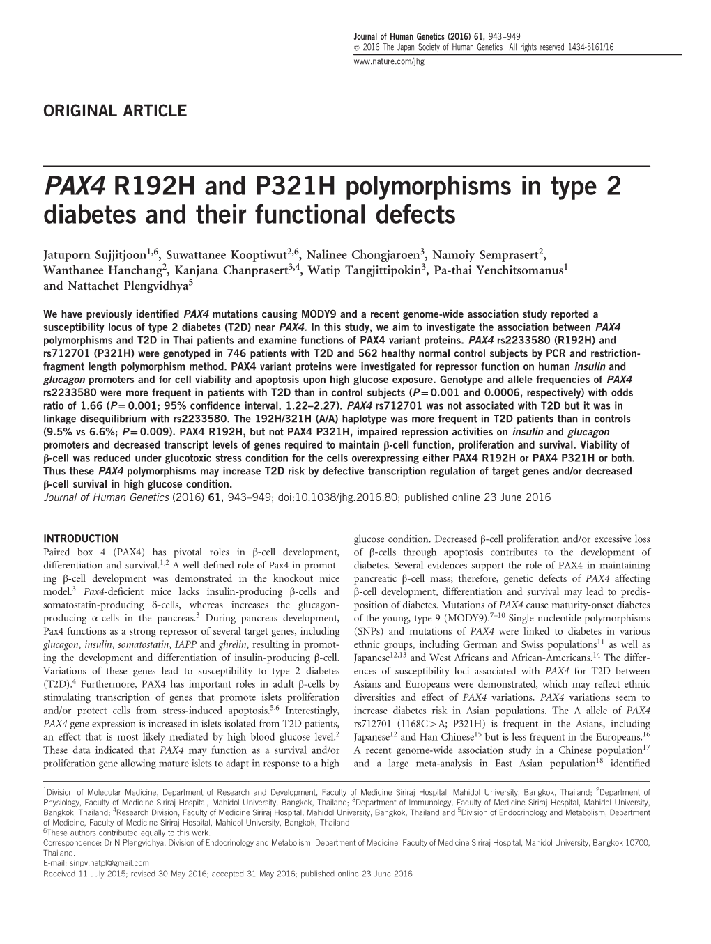 PAX4 R192H and P321H Polymorphisms in Type 2 Diabetes and Their Functional Defects