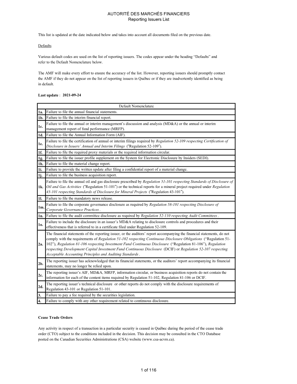 Consult the Reporting Issuer List