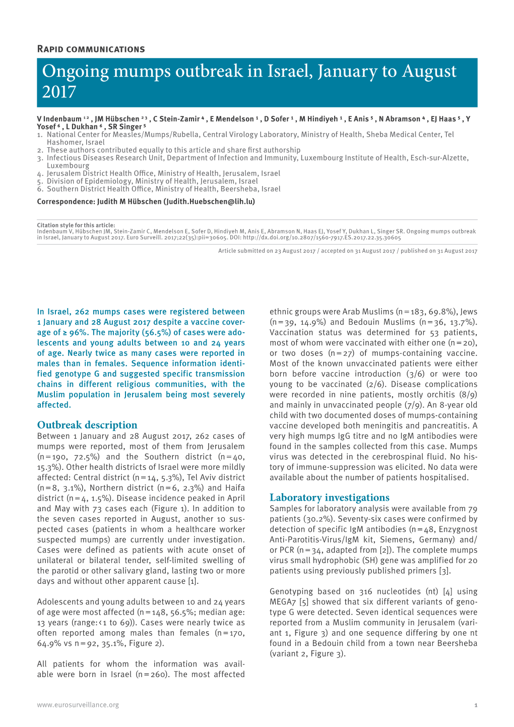 Ongoing Mumps Outbreak in Israel, January to August 2017