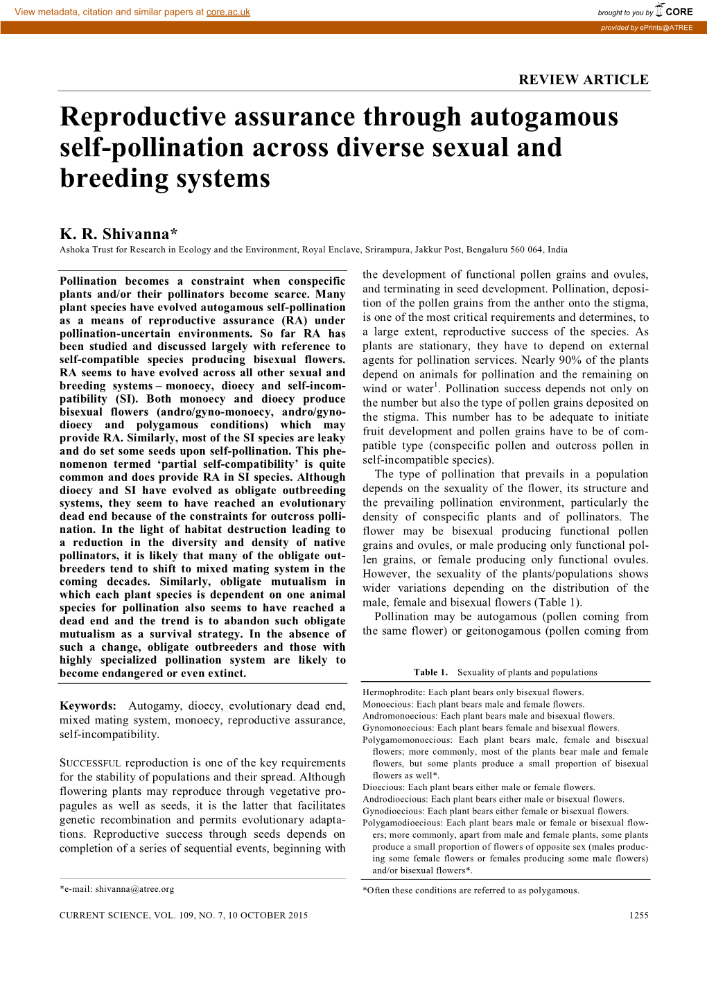 Reproductive Assurance Through Autogamous Self-Pollination Across Diverse Sexual and Breeding Systems