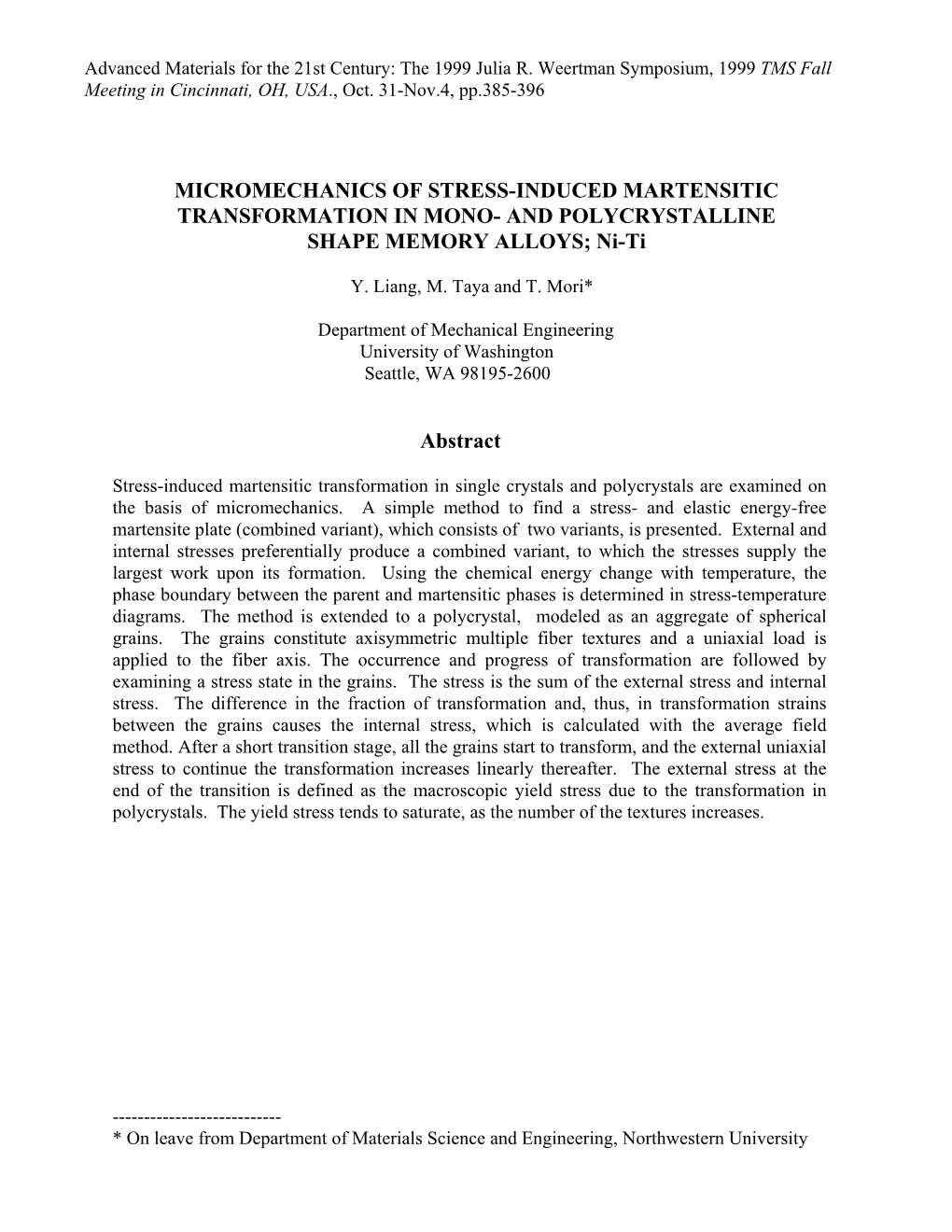 MICROMECHANICS of STRESS-INDUCED MARTENSITIC TRANSFORMATION in MONO- and POLYCRYSTALLINE SHAPE MEMORY ALLOYS; Ni-Ti