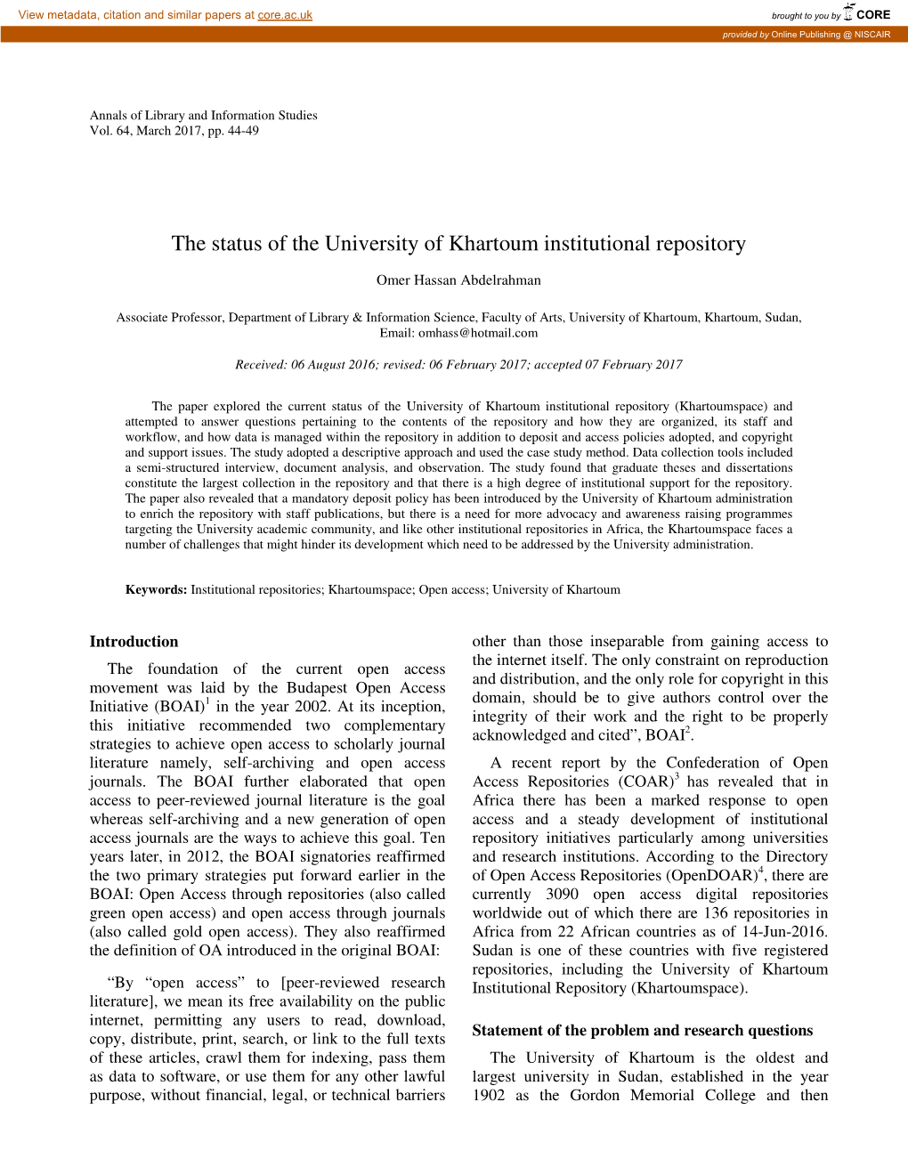 The Status of the University of Khartoum Institutional Repository