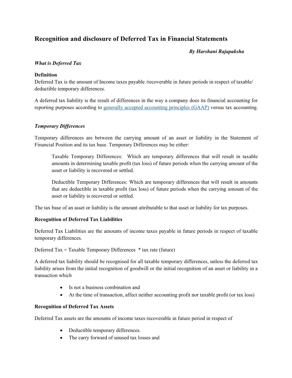 Recognition and Disclosure of Deferred Tax in Financial Statements