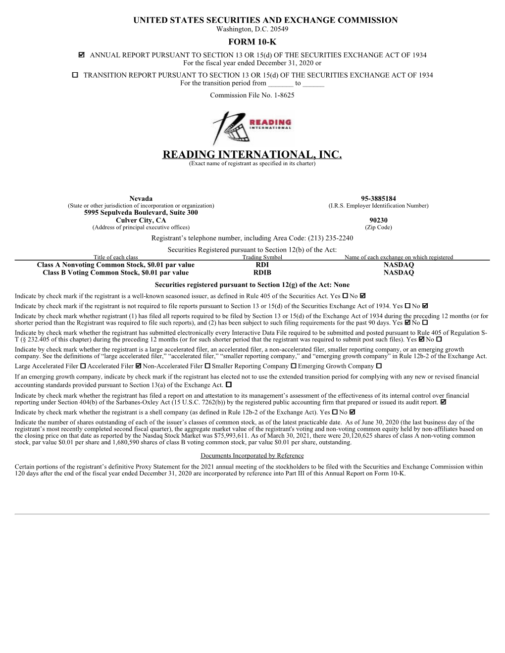 READING INTERNATIONAL, INC. (Exact Name of Registrant As Specified in Its Charter)