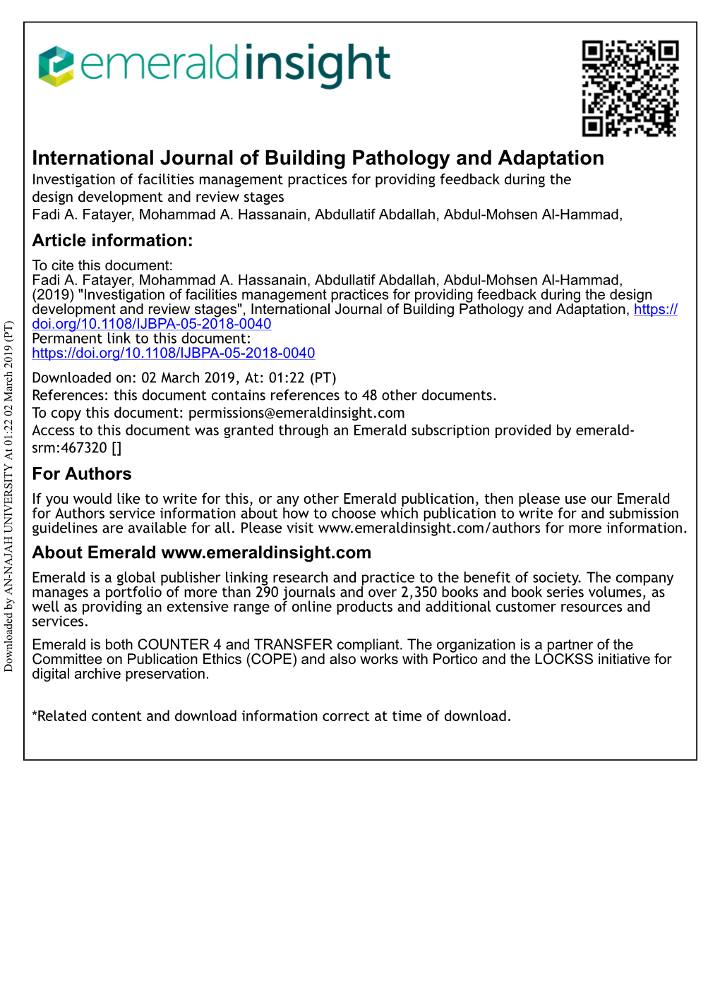 Investigation of Facilities Management Practices for Providing Feedback During the Design Development and Review Stages Fadi A