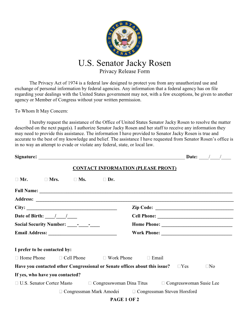 U.S. Senator Jacky Rosen Privacy Release Form