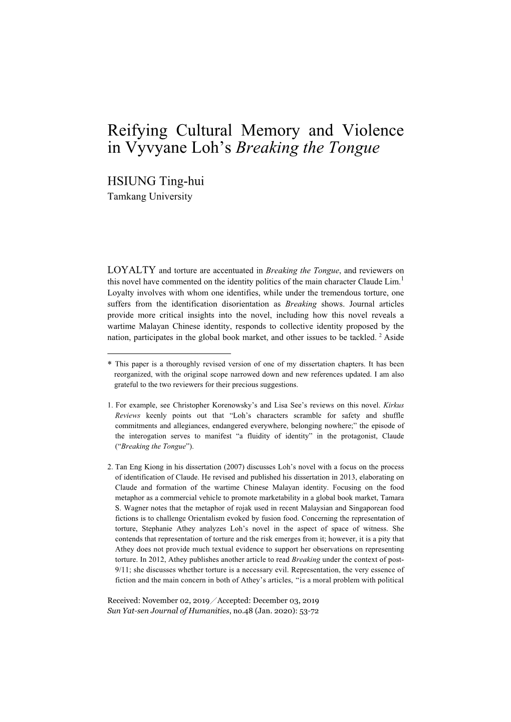 Reifying Cultural Memory and Violence in Vyvyane Loh's Breaking