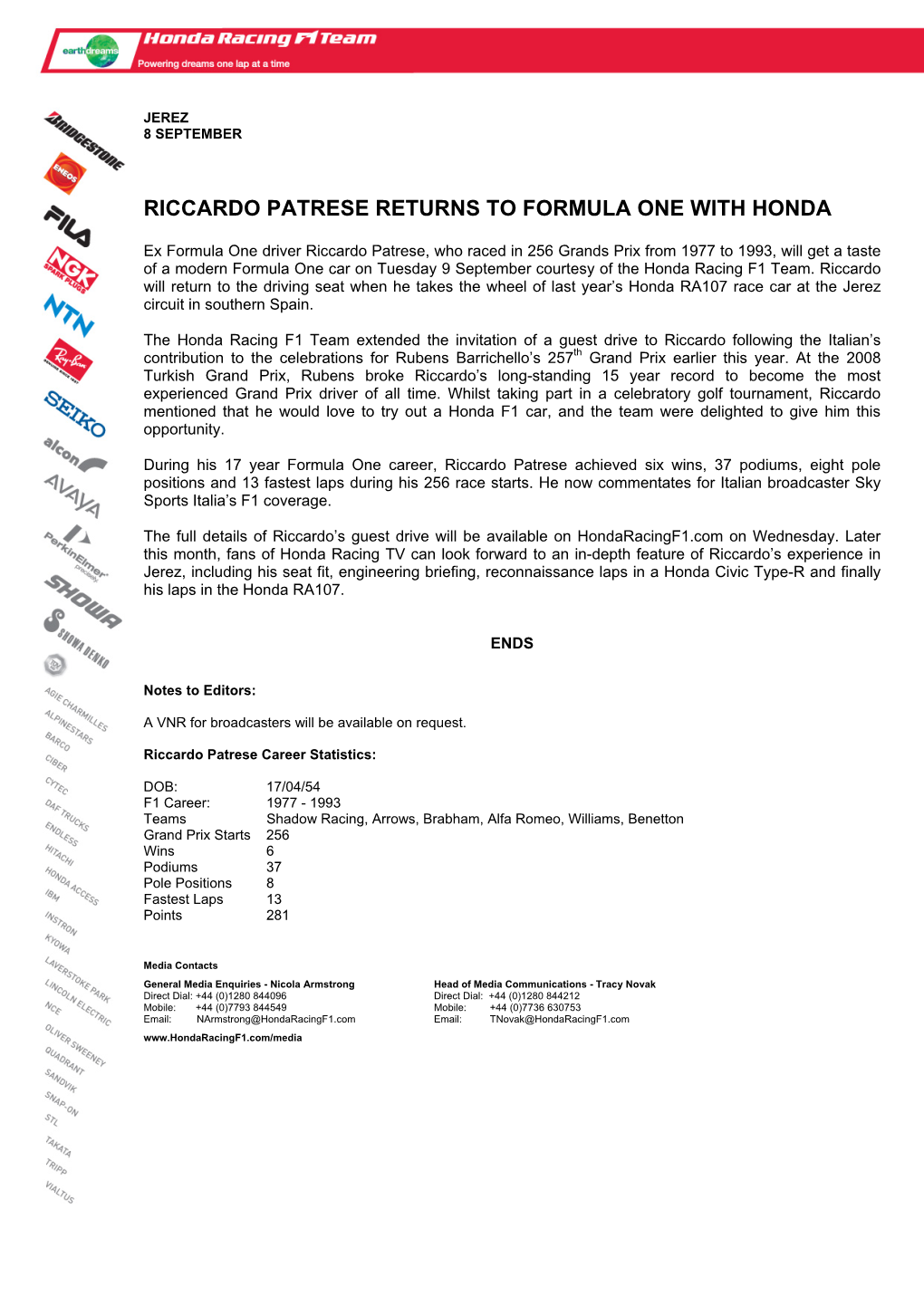 Riccardo Patrese Returns to Formula One with Honda